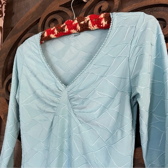 y2k Top Stretch Blouse Balletcore Fairycore Turquoise Teal Ruched Sexy - Picture 9 of 14